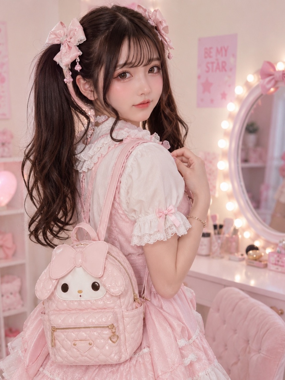 Kawaii Pink Bunny Quilted Backpack Cosplay Lolita Mini Bag + Character Pen